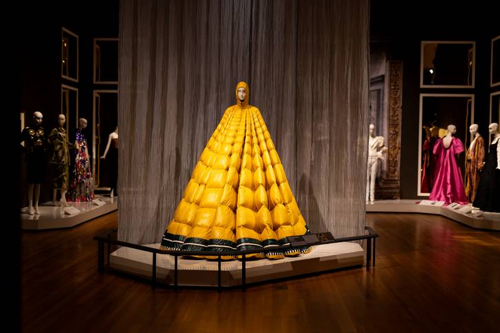 A Moncler dress, which looks like a fancy puffer coat, uses the same pleating technique men were using  in the 1460s with their jackets (doublets).